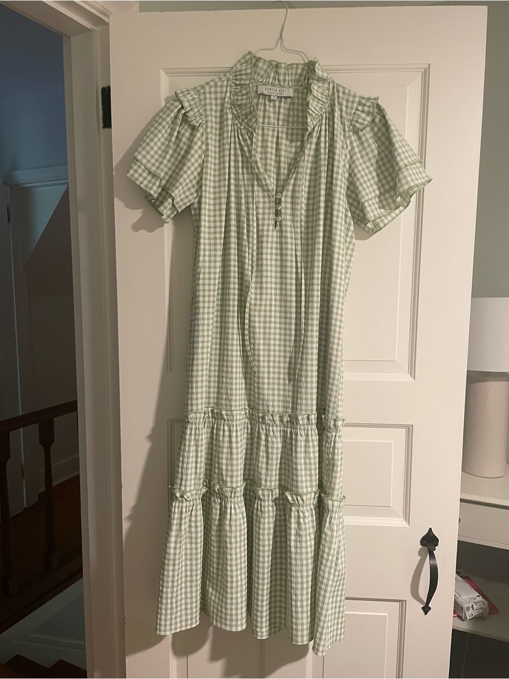 Hunter Bell Green Gingham Ruffle Midi Dress - Size Small